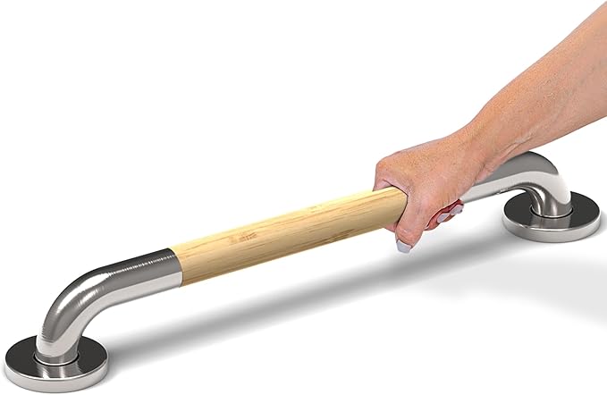 Safety Grab Bar for Bathroom & Toilet, Natural Bamboo Handle, ADA Compliant Balance Assist Handrail for Handicap and Seniors, 18in Brushed Nickel