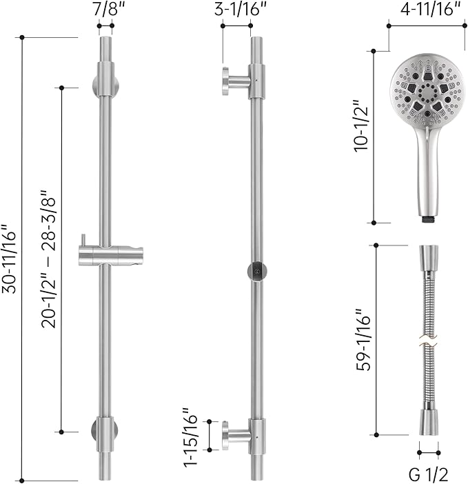 KES 30-Inch Shower Slide Bar with High Pressure 9 Functions Adjustable Handheld Shower Head & 59-Inch Hose, Built-in Power Wash to Clean Tub Tile & Pet, Wall Mount Brushed Finish 18/8 Stainless Steel