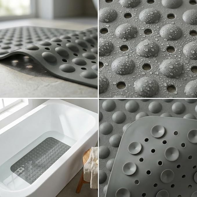 Minimalist TPE Bathtub Mat Non Slip for Tub & Shower, Bath Mat with Strong Suction Cups, Soft Comfortable Shower Mat, Quick Drain Holes, Machine Washable, Large Grey Mats, 27.5’’ x 16’’
