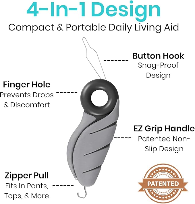 Vive Button Hook with Finger Hole - Zipper Gripper Pull Helper - Dressing Aid Assist - Buttoning Tool Device for Arthritis, Limited Mobility, Independent Living - Dexterity Handle Grip for Clothes