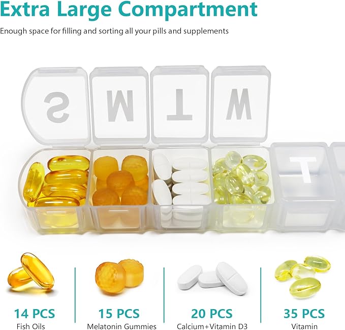 Extra Large Weekly Pill Box Organizer 7 Day, MOLN HYMY 1 Week Jumbo Pill Dispenser Case One Time a Day, Daily Med Container to Hold Vitamin and Supplement (White)
