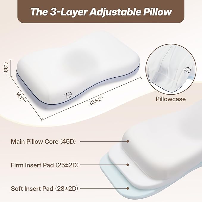 Cervical Neck Pillow for Neck & Shoulder Support, Adjustable Memory Foam Pillow with Customizable Height and Firmness, Ergonomic Pillow for Side, Back，Stomach and Combination Sleepers