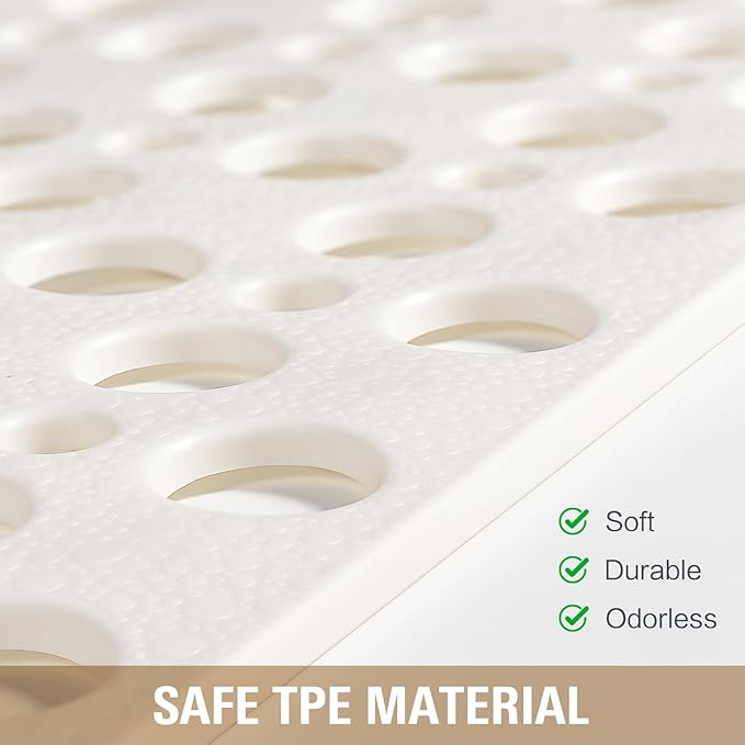 OTHWAY Large Shower Mat, 47"x 32" TPE Anti Slip Shower Mat, Heavy Bath Mats for Shower with Drain Holes Suction Cups, Shower Stall Mat for Bathroom, No Odor Shower Grip Mat for Elderly Kids(W-White)