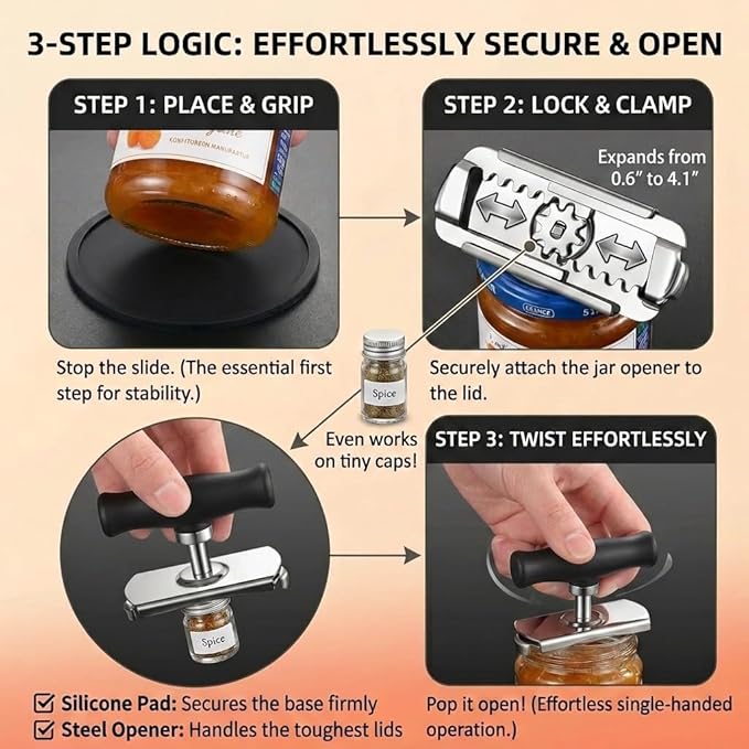 Cap Crack Jar Opener Set with Silicone Gripper Pad, Heavy Duty Stainless Steel Cap Crack Opener for Weak Hands & Seniors, Adjustable Jar Cap Opener for Stuck Bottles