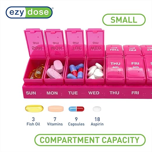 EZY DOSE Weekly, AM/PM Daily Pill Organizer, 7-Day Medicine Planner, Vitamin Container, Small Pop-Out Compartments, 2 Times a Day Pill Holder, Pink, Travel-Friendly, BPA Free