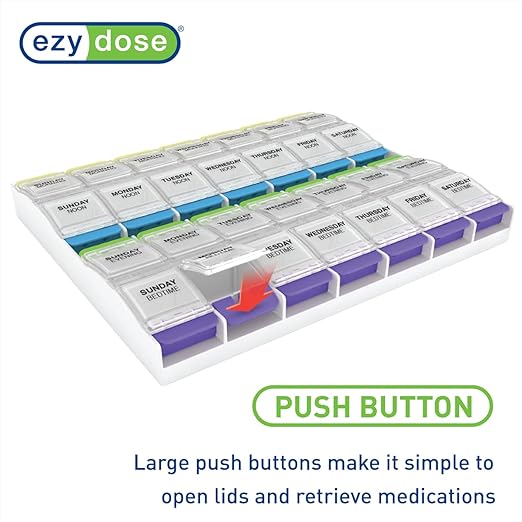 EZY DOSE Weekly (7-Day) Pill Organizer, Vitamin Container, and Daily Medicine Planner, 2X-Large Push Button Compartments, Arthritis Friendly, Easy to Use, 4 Times a Day, Clear Lids, BPA Free