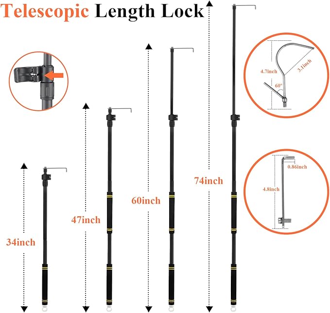Truck Bed Grabber Tool Heavy Duty, Grabber Truck Cargo Retriever Long Handle Thickened Stainless Tube Telescopic 34"-74" Bed Buddy Truck Tool with Two Hooks Convenient Pickup Van RVs Tools.