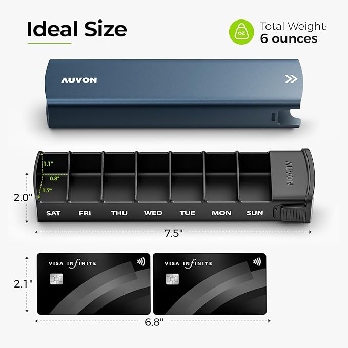 AUVON Metal Weekly Pill Organizer with Slide Design, Stylish Travel Pill Box 7 Day for Privacy Protection, Aluminum Alloy Pill Case with Large Compartment for Supplements, Fish Oil (Dark Blue)