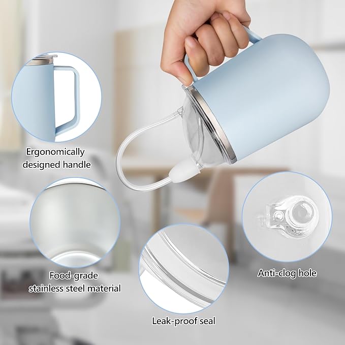 Adult Sippy Sup for Elderly 14oz Stainless Steel Spill Proof Cup with Straw, 3 in 1 Elderly Sippy Cup with Lid, Suitable for Seniors Disabled Patients Limited Mobility