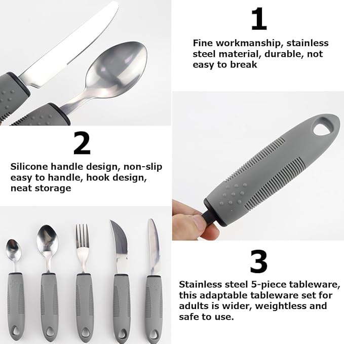 Adaptive Utensil Set - 5Pcs Arthritis Aid Silverware for Parkinson’s and Hand Tremors - Heavy Stainless Steel Spoon with Easy Grip Handle for Shaking Hands