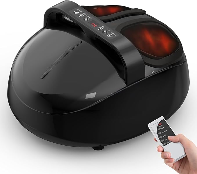 HTM Foot Massager with Heat, 5 Modes & 9-Level Intensity & 3-Speed Vibration, Shiatsu Kneading & Rolling Compression, with Remote & Portable Handle, Fits Up to Men's Size 13, Gift for Women Men