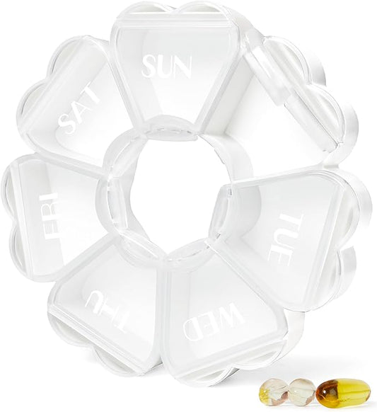MOLN HYMY Large Weekly Pill Box 7 Day, Cute Pill Case Organizer 1 time a Day, Floral Pill Container Once Daily, Pretty Medicine Dispenser for Vitamin/Fish Oil/Medication/Supplements (Clear White)