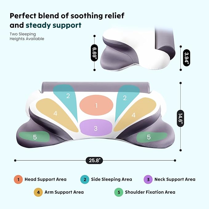 DUMOS Cervical Neck Pillow for Sleeping, Cooling Ergonomic Memory Foam Pillow with Arm Rest Slot and Ice Silk Pillowcase, Dual Height Orthopedic Support Contour for Side, Back, Stomach Sleepers