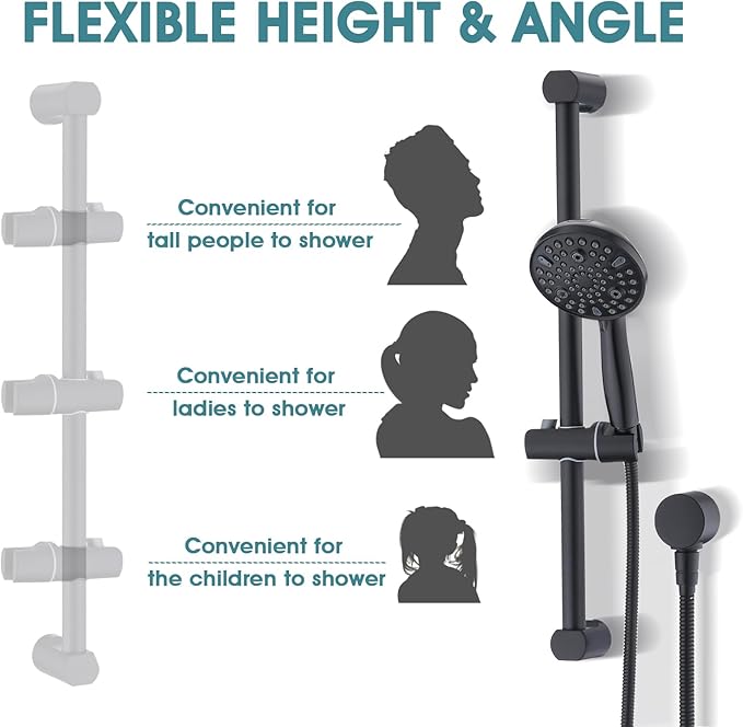 Hand Shower with Slide Bar, High Pressure 10 Setting Handheld Shower Head, Adjustable Height 24" Slide Bar, Wall Supply Elbow and 6.6ft Extra Long Shower Hose - Matte Black