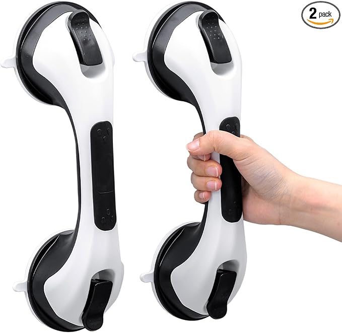 TAILI Shower Handles for Elderly Suction, 2 Pack 12 Inch Shower Grab Bars for Seniors, Grab Bars for Bathtubs and Showers, No Drilling Removable Safety Shower Grip, Black