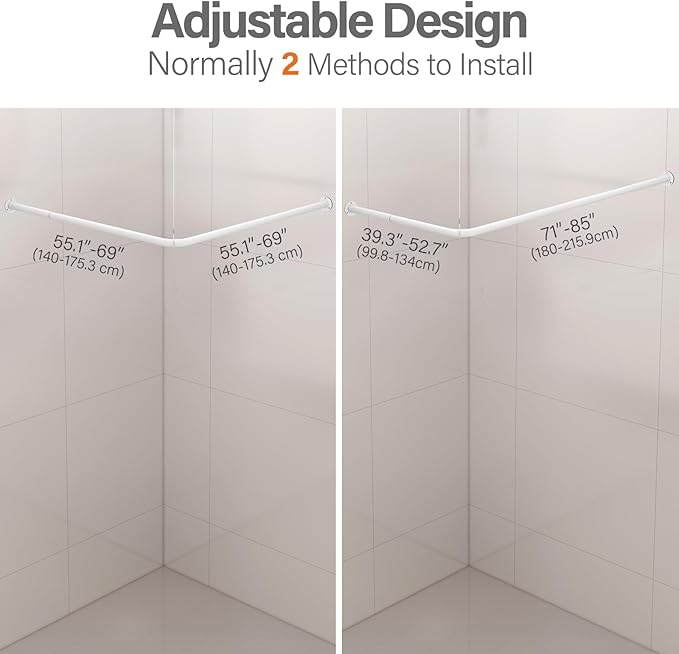 L Shaped Corner Shower Curtain Rod, 39" - 69" x 55" - 85" Adjustable 90 Degree Curved Bathroom Rod Square No Sag with 12 Hooks & Ceiling Support - White