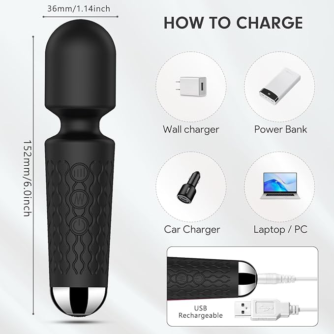 Personal Back Massager - Handheld Waterproof & Rechargeable Massager - 20 Speeds 8 Patterns Vibration Massage - Perfect for Travel Relaxation, Relieves Back, Legs Muscles (Black)