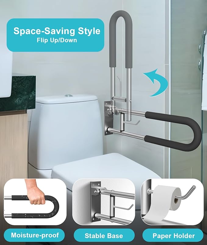 Foldable Toilet Grab Bar, 30 Inch Wall Mounted Flip-Up Safety Rail, 2mm Thick Heavy-Duty Rust-Resistant Aluminum Bathroom Support Bar for Elderly, Disabled, Handicap (30inch)