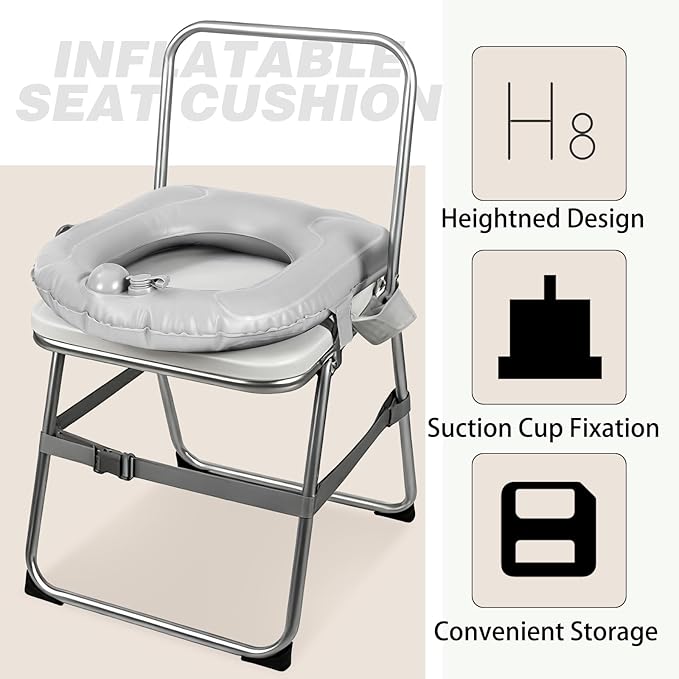 Gilprop Travel Toilet Seat Riser Inflatable Padded Toilet Seat for Seniors Portable PVC Bedside Commode Grey Raised Cushion with Suction Cup and Storage Bag for Elderly Recovery Senior Travel Camping