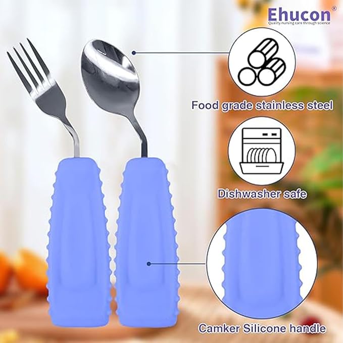 Adaptive Utensils,Weighted Angled Silverware,Parkinsons Aids,Angled Silverware Spoon and Fork Set for Elderly, Arthritis, Dementia, Disable, Handicapped Hands (Right Hand,Pack of 2,Purple)