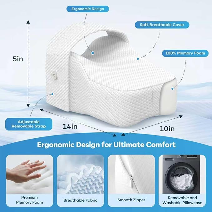Ergonomic Knee Pillow with Adjustable Strap, Memory Foam Leg Spacer for Side Sleepers, Comfortable Bed Cushion, White