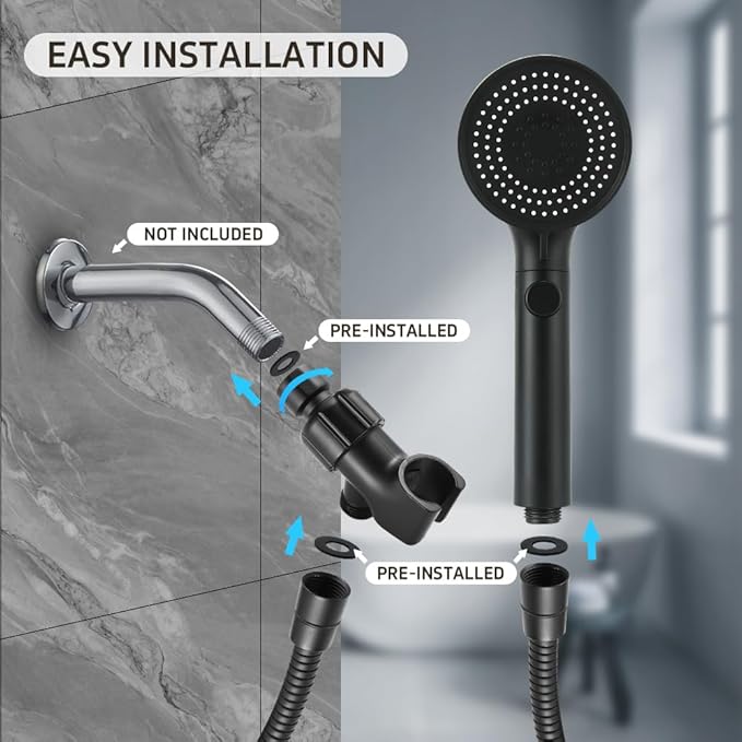 DOILIESE Handheld Shower Head with Hose 60 Inch, High Pressure Shower Head with On Off Switch Button 3 Modes, Matte Black