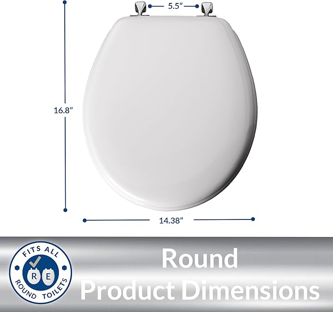 MAYFAIR 844CP 000 Edgewater Toilet Seat with Chrome Hinges will Never Come Loose, ROUND, Durable Enameled Wood, White (Pack of 2)
