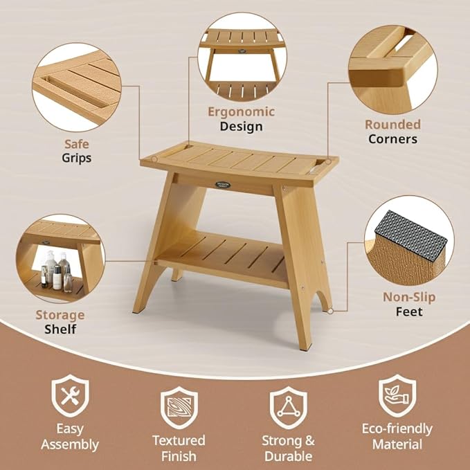 HDPS Shower Benches for Inside Shower to Sit on, Waterproof Shower Chair with Storage Shelf, Heavy Duty 500-lb Shower Seat, Shower Stool for Shaving Legs, Indoor/Outdoor Use