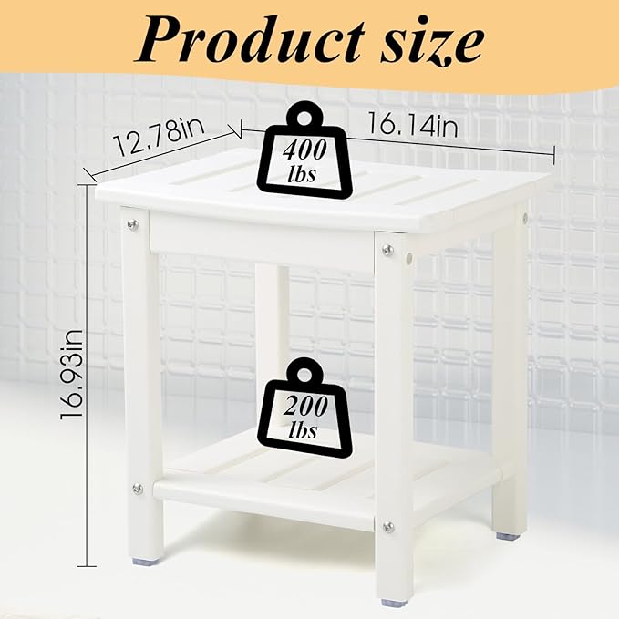 Apolimi Shower Chair, HDPE Shower Bench for Inside Shower to Sit On It, Shower Stool with Storage Shelf 2-Tier Spa Stool for Elderly,Water Resistant & Non-Slip Design Shower Seat Bench(White S Size)