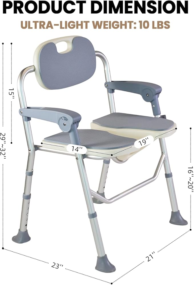 Medwarm Folding Shower Chair, U Shape Shower Chair with 5-Level Adjustable, Non-Slip Feet for Private Washing, Elderly, Disabled, Seniors & Pregnant, Heavy Duty Shower Chair