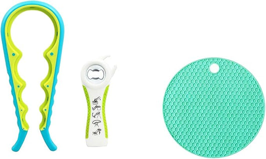3-Piece Jar & Bottle Opener Set for Seniors, Non-Slip Silicone Grip Mat, Ergonomic Kitchen Gadget (white and green)
