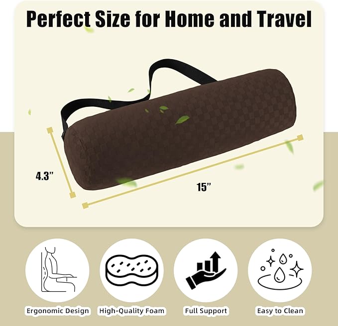 Lumbar Roll Pillow for Lower Back, Lumbar Support Foam Roll Cushion with Pillowcase and Upgraded Strap for Office, Chair, Car, Seat Pain Relief & Improving Posture (Dark Brown, Long-15 * 4.3'')