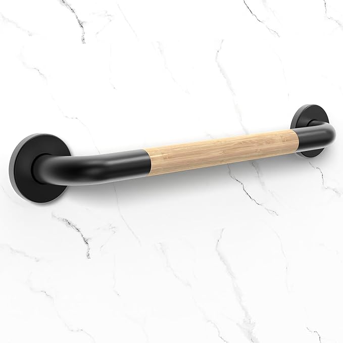 Safety Grab Bar for Bathroom & Toilet, Natural Bamboo Handle, ADA Compliant Balance Assist Handrail for Handicap and Seniors, 18in Matte Black