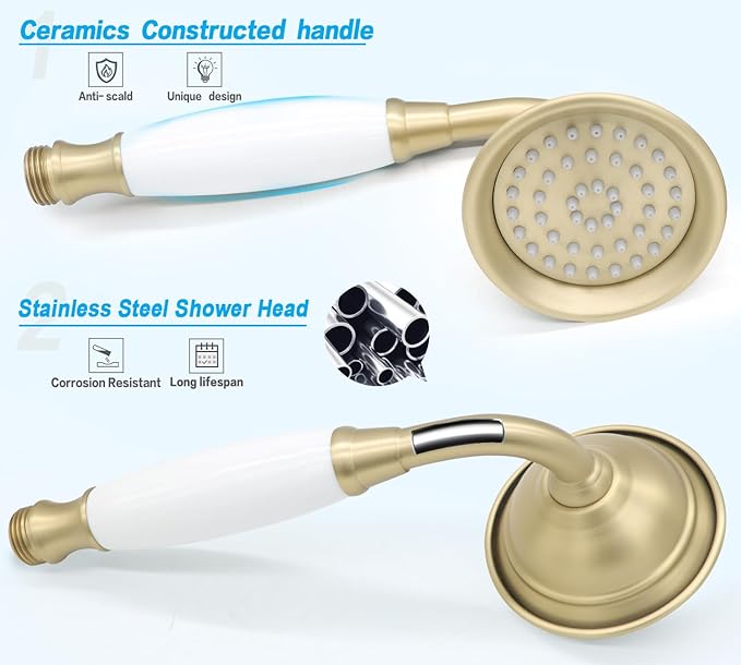 ENGA Vintage Hand-held Shower Rain Sprayer Telephone Shaped Ceramic Shower Head with 59 Inch Hose for Bathroom, Brushed Gold