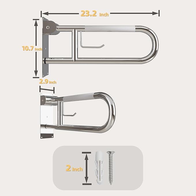 23 Inch Toilet Grab Bar, Flip Up Grab Bar with Paper Holder, Anti-Slip Safety Bars for Toilet, Stainless Steel Knurled Toilet Handles for Seniors Disabled Elderly Pregnant, Polished Chrome