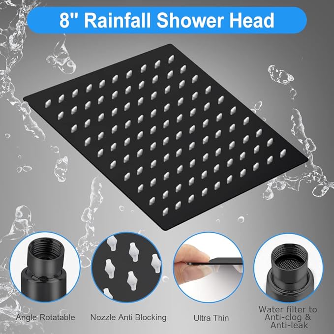 Shower Head, Kaqinu 8'' High Pressure Rainfall Shower Head/Handheld Showerhead Combo with 11” Extension Arm, Anti-leak Shower Head with Holder/Hose, Flow Regulator - Matt Black