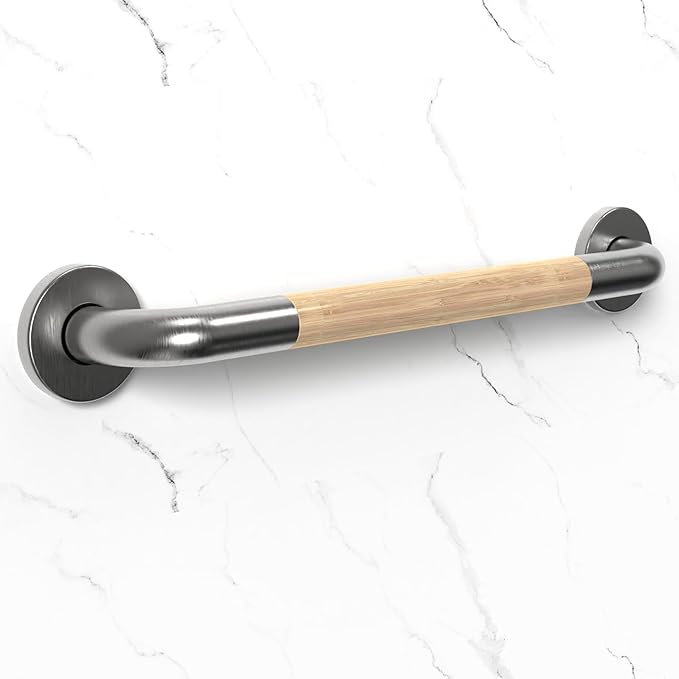 Safety Grab Bar for Bathroom & Toilet, Natural Bamboo Handle, ADA Compliant Balance Assist Handrail for Handicap and Seniors, 18in Brushed Nickel