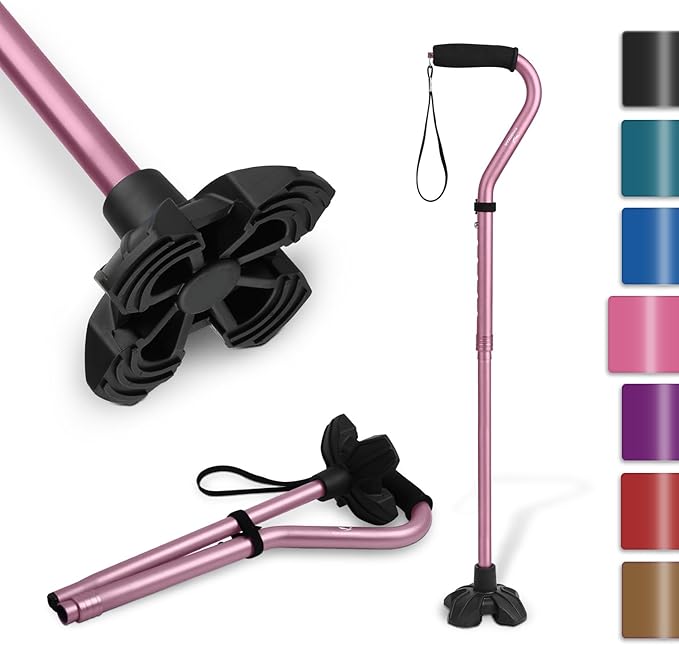 KINGGEAR F1 Walking Stick, Walking Cane for Women & Men, Self Standing Walkers for Seniors with Wrist Strap, Lightweight & Sturdy Offset EVA Handle and Large Quad Base