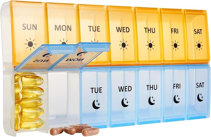 Extra Large 7 Day Pill Organizer AM PM BPA-Free Medicine Case with Oversized Compartments for Large Vitamins, Fish Oil, and Supplements, Easy Open Design(Yellow/Blue)