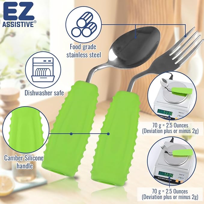 EZ Assistive Adaptive Utensils Spoon & Fork Easy to Hold for Independent Eating, Weighted Utensils for Hand Tremors