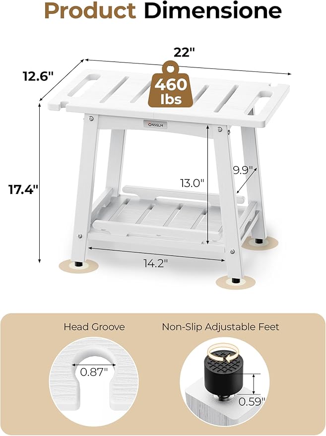22" Large Shower Bench Seat, Non-Slip Shower Benches for Inside Shower to Sit on, HDPE Waterproof Shower Stool, Shower Chair with Adjustable Feet for Bathroom, Indoor/Outdoor Use, White