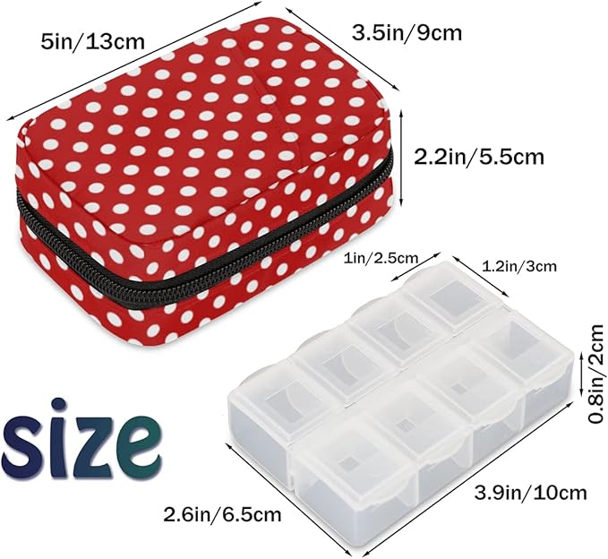 Pill Case Pill Travel Organizer 7 Day Weekly Medicine Pill Box Red and White Dots Small Cute Compact Size Vitamin Container Pill Bottle Portable Birth Control Pill Holder Bag with Zipper