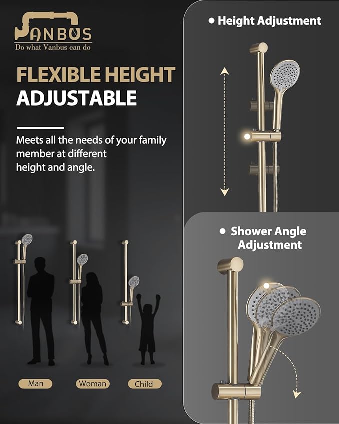 Handheld Shower Head with Adjustable 30-Inch Shower Slide Bar and 59-Inch Hose, 5-Function 3.2GPM High Pressure Handheld Shower Head with Drop Ell and Holder, Brushed Gold