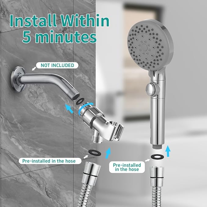 DOILIESE Handheld Shower Head with 79" Extra Long Hose 7 Modes High Pressure Shower Head with On Off Switch Button and Powerful Wash Modes for Pets Bath, Chrome