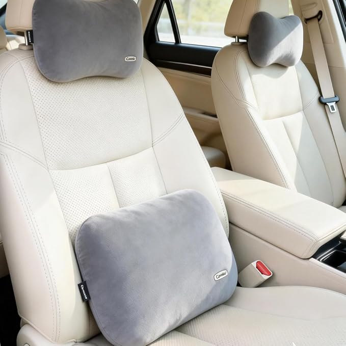Carwales Lumbar Support Pillow for Car Seat Cushion Office Chair Thin Lower Back Pain Waist Support Driver Road Trip Accessories for Women Men Grey