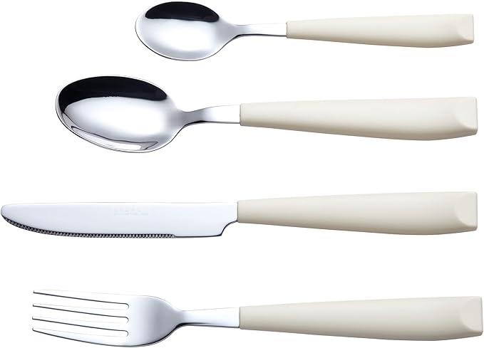 EXZACT 16-Piece Flatware Set for 4 – Colored Stainless Steel Cutlery with Wide Plastic Handles – Comfortable Tableware: Forks, Knives, Spoons, Teaspoons