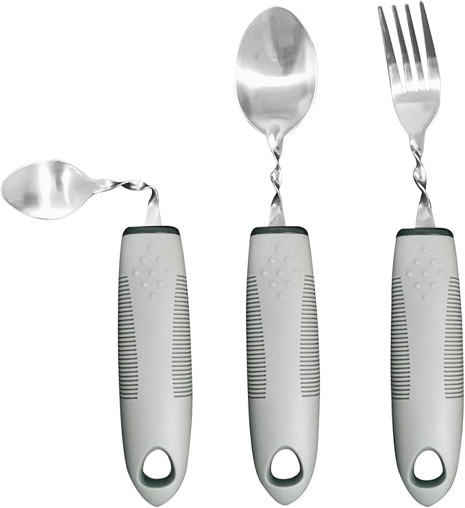 Adaptive Utensils for Elderly, Hand Tremors, Parkinsons & Handicapped | 3 Pack | Non-Slip Easy Grip Handles Right Handed Curved Spoon and Fork Set | Lightweight | Stainless Steel | Eat Independently
