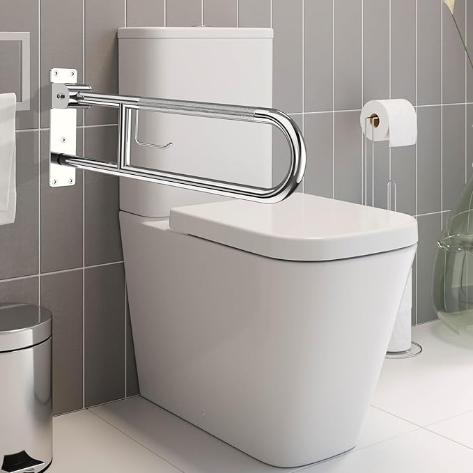 Toilet Grab Bar 30.3 Inch, YuanDe Flip Up Grab Bar with Paper Holder, Polished Chrome Anti-Slip Safety Bars for Toilet, Stainless Steel Knurled Toilet Handles for Seniors Disabled Elderly Pregnant