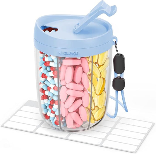 AMOOS Large Pill Dispenser with 6 Compartments, Anti-Mix Pill Bottle Organizer with Wide Opening & Easy Retrieval, Vitamin Organizer for Travel, BPA-Free Pill Box with a Strap, Blue
