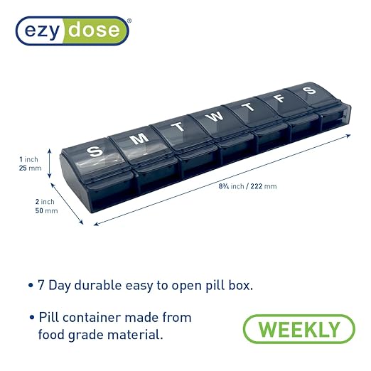 EZY DOSE Weekly (7-Day) Pill Case, Medicine Planner, Daily Vitamin Organizer Box, X-Large Push-Button Compartments, Convenient and Easy to Use, Arthritis Friendly, Transparent Lids, Black, BPA Free